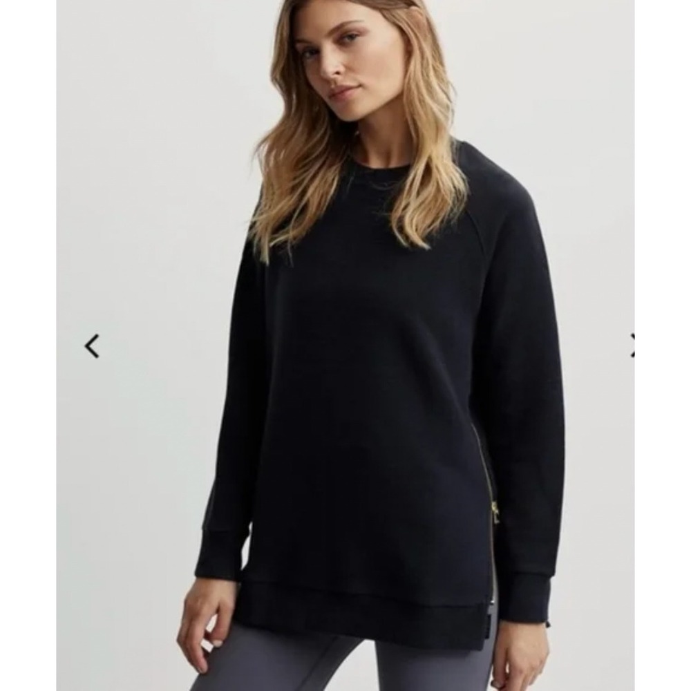 Varley Manning Sweat Side Zip Crewneck Sweatshirt Black Ribbed Pullover Womens M
